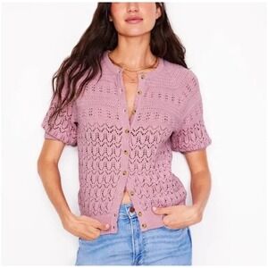 Boden Elodie Cotton Stitch Cardigan K1098 Pink Medium Short Sleeve Pointelle